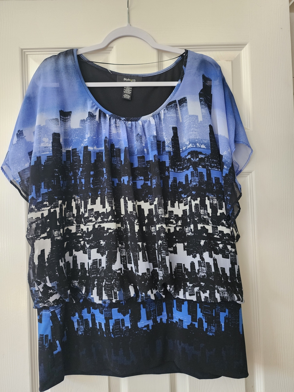 Style & Co. Blue Black and White Cityscape Layered Blouse